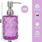 12Oz Purple Glass Soap Dispenser with Stainless Steel Pump, Refillable Kitchen Liquid Hand Soap Dispenser with Diamond Design, for Dispense Hand soap, Dish Soap, Lotion, Bathroom, Countertop, Hotel