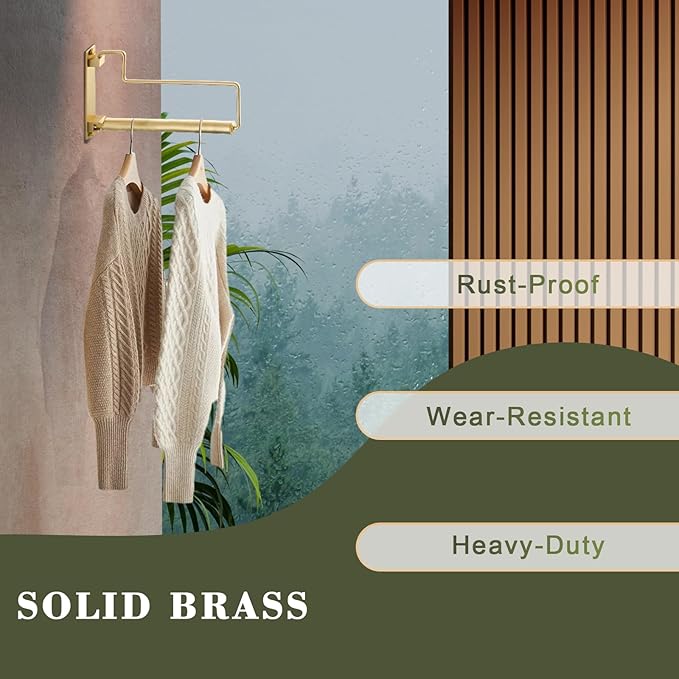 NEWRAIN Clothes Drying Rack, Laundry Racks for Drying Clothes, Wall Mounted Swing Arm Clothes Hanger for Laundry Room, Garage, Indoor & Outdoor Use,Brushed Gold