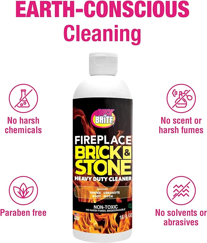Quick N Brite Fireplace Gel Cleaner with Scrub Brush for Brick, Stone, Rock, Tile, and Marble, Nonabrasive Fireplace Cleaner, Made in the USA, 16 oz