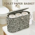 Pumtus Toilet Paper Storage Basket, Handwoven Toilet Paper Holder with Lid & Handle, Large Decorative Container for up to 6 Rolls, Plastic Trash Bin Magazine Organizer for Bathroom, Office
