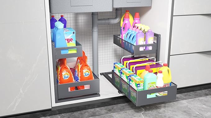 Under Sink Organizer Pull Out Cabinet Organizer Adjustable Height 2 Tier with Sliding Drawers Kitchen Bathroom Organizer and Storage(Gray-1pc)