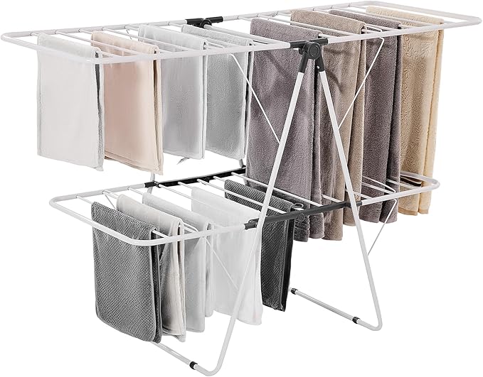 VEVOR Clothes Drying Rack, 2-Tier Foldable Laundry Dryer Rack with Sock Clips & 31 Dry Rods, Metal Height Adjustable Drying Racks for Outdoor & Indoor, Free-Standing & Space-Saving Hanger, White