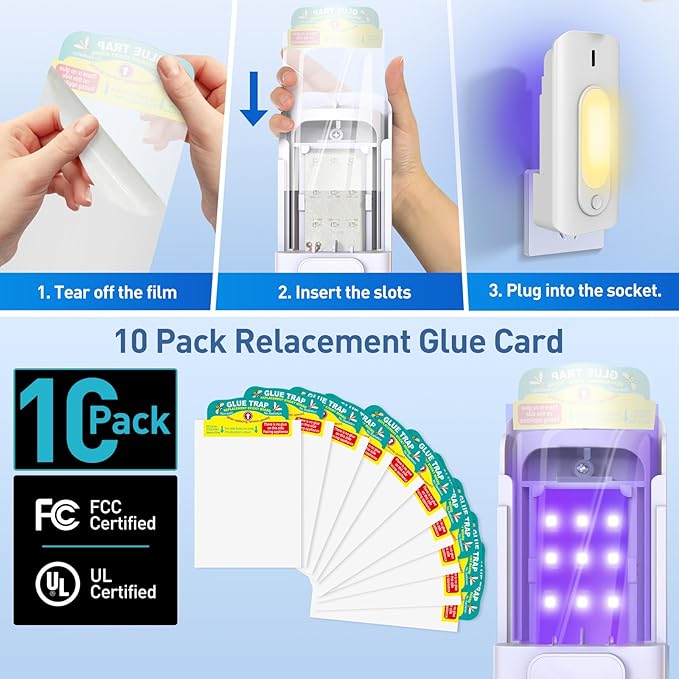 Fruit Fly Trap for Indoors with 10 Refills, 2 in 1 Fly Trap Indoor with Night Light for Home, Gnat Traps for House Indoor, Plug-in Insect Trap for Gnats, Flies, Moths, and Other Bugs-White