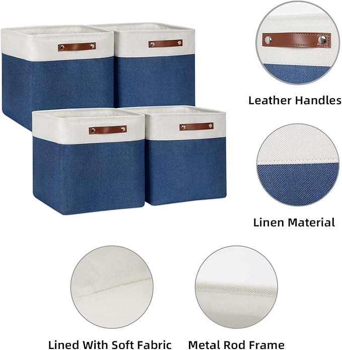 HNZIGE Cube Storage Baskets for Shelves, Fabric Storage Basket with Handles for Organizing Clothes, Toys, 13 inch Cube Storage Bins for Storage Clothes, Toys, Closet, Nursery(Blue White)