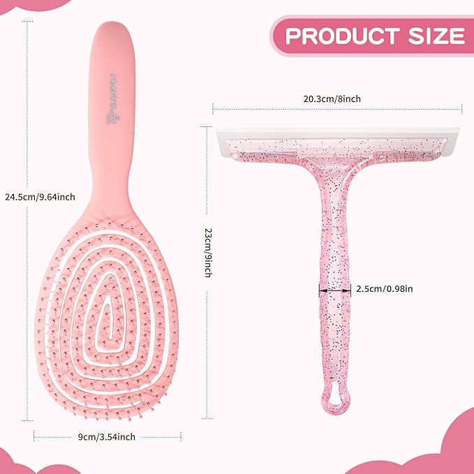 Shower Squeegee for Glass Doors, Bathroom Squeegee for Shower, Window Squeegee - Pink Comb and Squeegee Set for Hair Care and Glass Cleaning, by LTLUTU