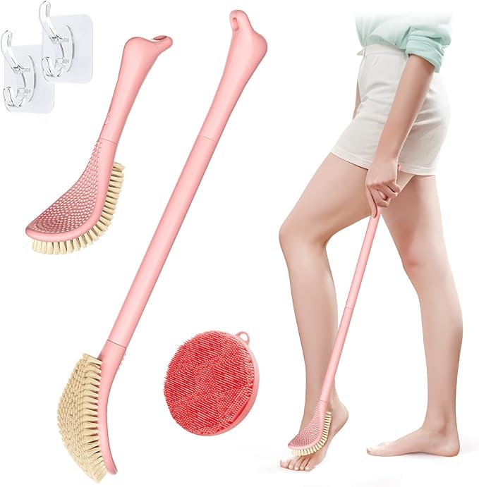 New Foot Brush & Silicone Body Scrubber Set(2PCS), 3-in-1 Foot Scrubber with Extra-Long Handle, 10.2’’-27.5’’Adjustable Feet Scrub Brush and Silicone Loofah, Gift-Box Packed(Pink+Loofah)