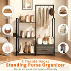 Industrial 4-Tier Storage Shelf with Drawer & Hanging Hooks - Metal & Wood Entryway Organizer Rack for Bedroom, Living Room - Freestanding Clothing Coat Rack with Multi-Level Shelves (Black)