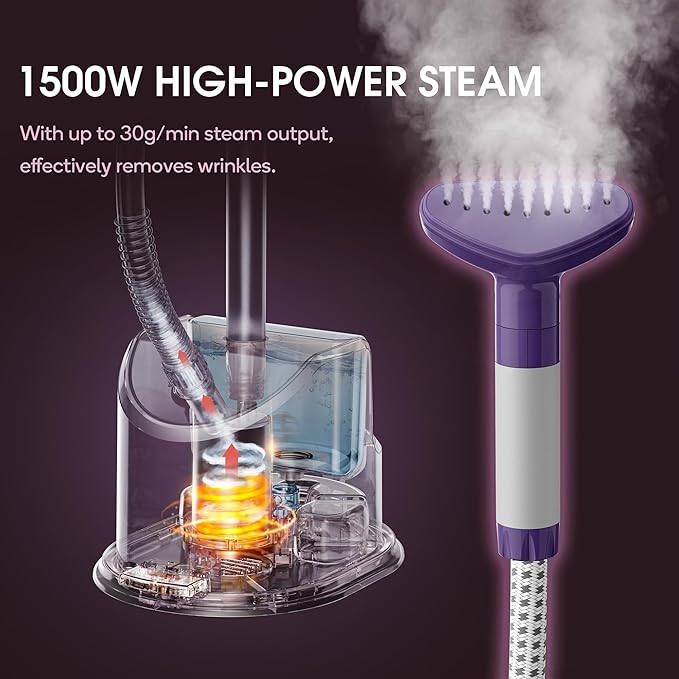 Newbealer Standing Garment Steamer - 1500W Full-Size Vertical Clothes Steamer with Foot Pedal, 57.5oz (1.7L) Large Water Tank, 45s Fast Heat-Up, 50-Min Powerful Steaming, Auto-Off (Purple)