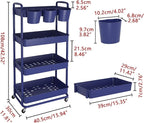 JIUYOTREE 4-Tier Plastic Rolling Storage Cart Utility Cart with Extra Hanging Cups Handles Lockable Wheels for Living Room Bathroom Kitchen Office Blue