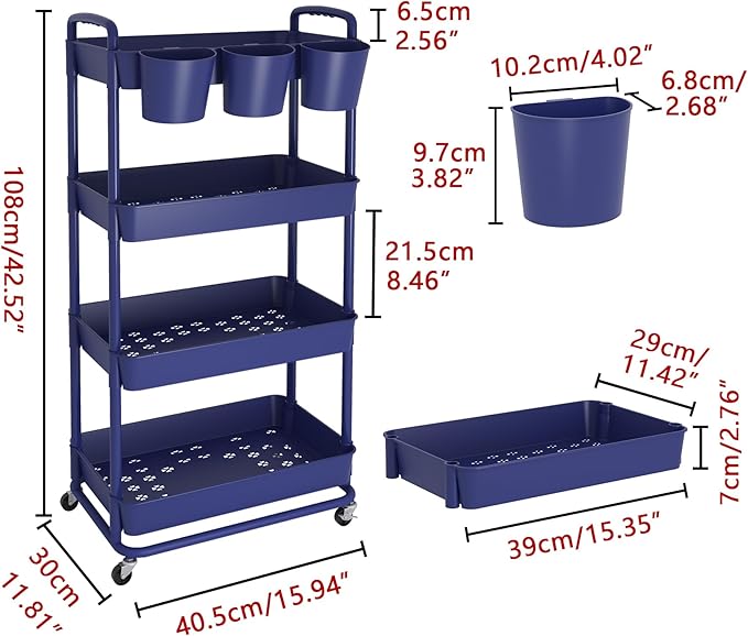 JIUYOTREE 4-Tier Plastic Rolling Storage Cart Utility Cart with Extra Hanging Cups Handles Lockable Wheels for Living Room Bathroom Kitchen Office Blue