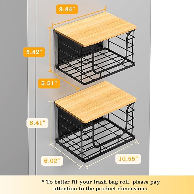 Magnetic Shelf for Fridge Trash Bag Organizer, 2 Pack Stackable Garbage Bag Holder with Bamboo Lid, Magnetic Storage Bin for Refrigerator, Under Sink, Kitchen, Pantry, Small Space Organization – Black