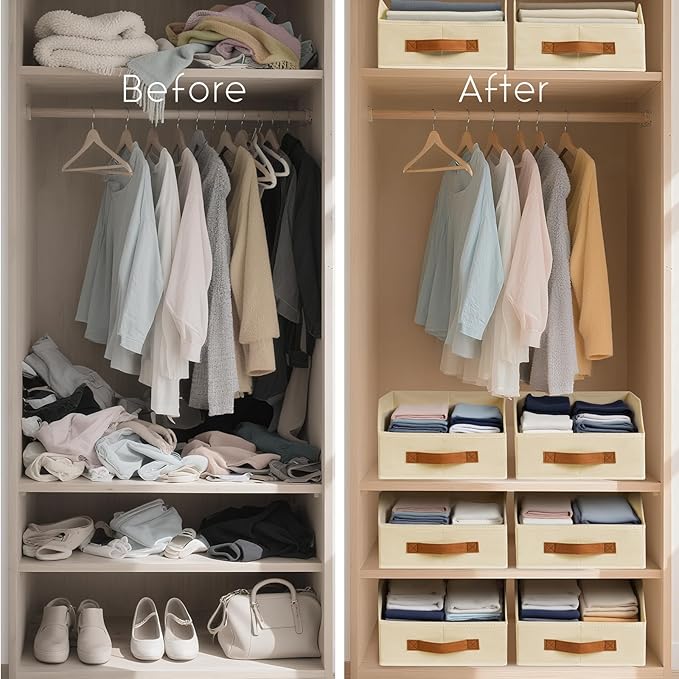 Fabric Storage Bins for Organizing - 4 Pack Large Trapezoid Collapsible Storage Bins with Front Handle, Closet Organizers and Storage for Bedroom, Home Shelves, Small Spaces, Beige