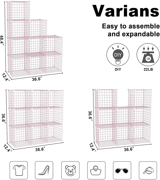 C&AHOME Wire Cube Storage, 9 - Cube Organizer Metal C Grids, Modular Shelves Units, Closet Organizer, Ideal for Home, Office, Living Room, 36.6”L x 12.4”W x 48.4”H, Pink UWCS3009P
