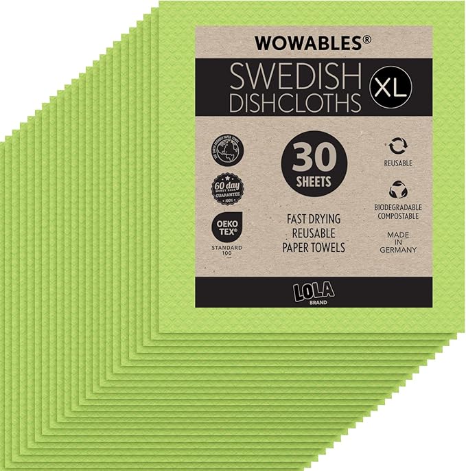 LOLA Wowables XL Swedish Dishcloths, 30 Reusable Eco Cleaning Cloths, 11" x 10", Ultra Absorbent Cellulose Sponge Towel, Compostable, Made in Germany