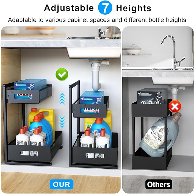 Under Sink Organizer Pull Out Cabinet Organizer Adjustable Height 2 Tier with Sliding Drawers Kitchen Bathroom Organizer and Storage(1pc)