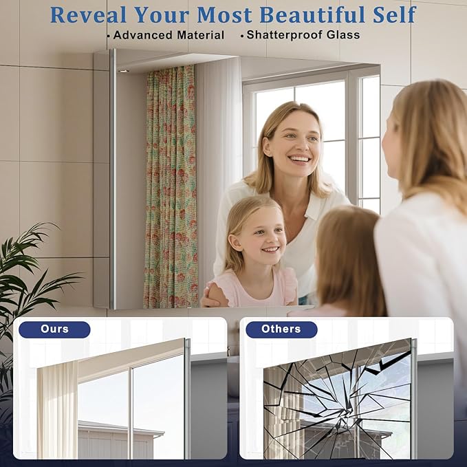 Bathroom Medicine Cabinet Mirror with Storage, 16 Inch x 24 Inch Silver Medicine Cabinet with Single Door & Adjustable Shelves for Vanity, Aluminum Surface, Wall-Mount or Recessed