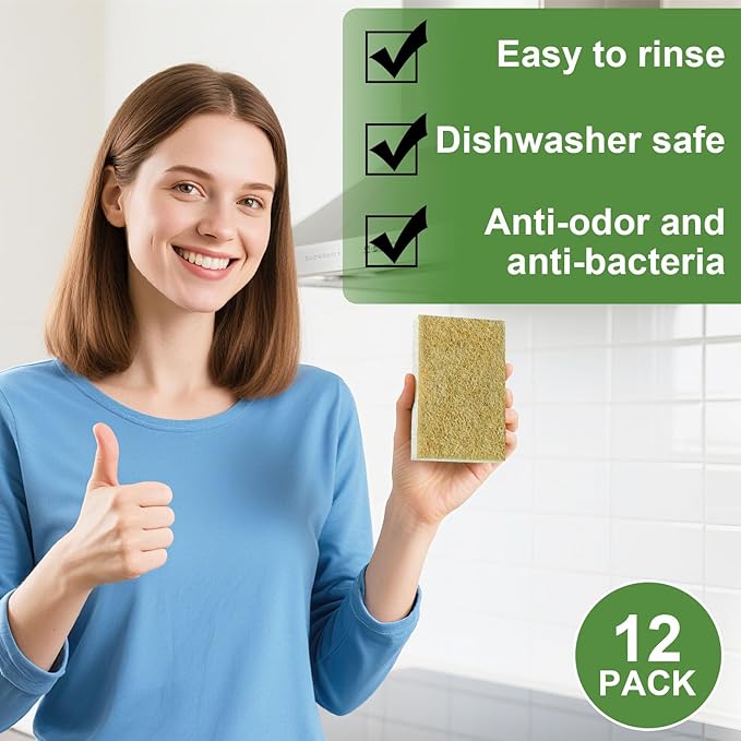 12 Pack SmilePowo Natural Kitchen Sponge Compostable Kitchen Sponges Cellulose and Coconut Scrubber Abrasive Scrubbing Pads Environmentally Friendly Sponge for Dishes No Chmical