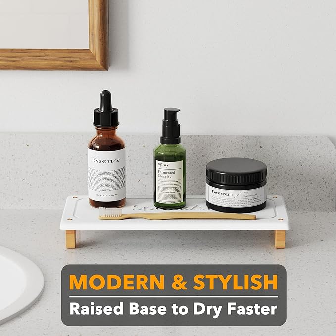 SpaceAid DryingNeat Sink Organizer, Instant Dry Sink Caddy Organizers, Kitchen Sponge Soap Holder Dispenser, Countertop Fast Drying Rack (Bamboo Feet, White)