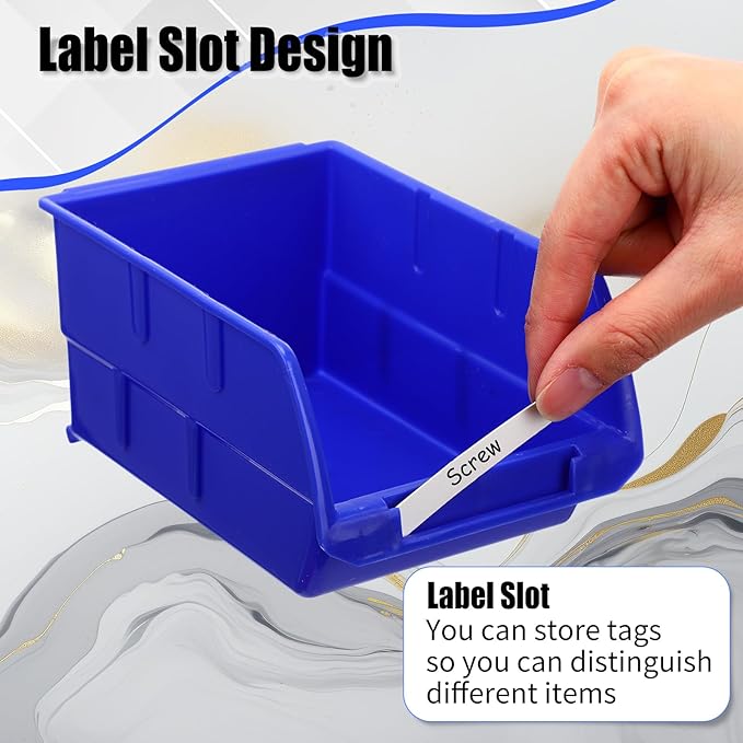 Maitys Wall Mounted Storage Bins Plastic Hanging Stackable Storage Parts Garage Tool Organizer for Screws, Nuts, Bolts, Nails, and Small Hardware Parts, 16x Bins & 4 x Rails(Blue)