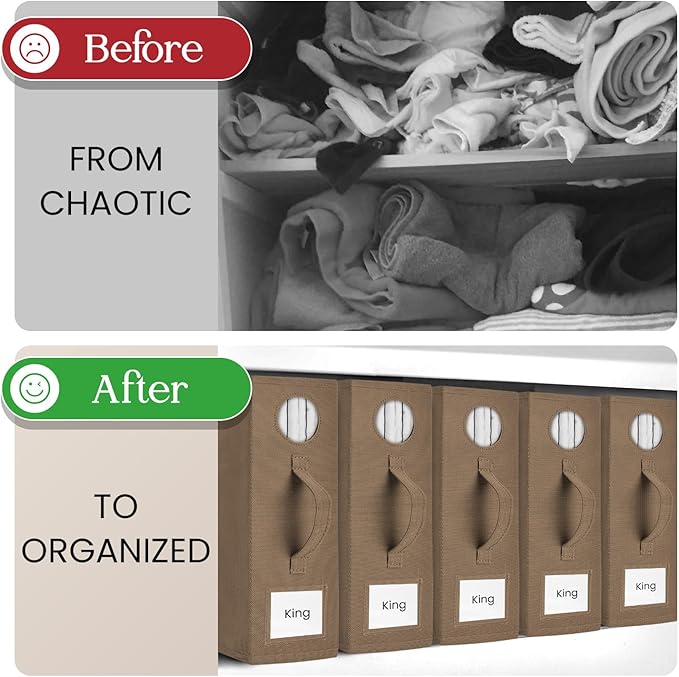 4 Pack Bed Sheet Organizer and Storage, Foldable Storage Organizer for Linen Closet with Viewing Window & Label for Bedding Sheets & Blankets (Queen & King Size) Taupe