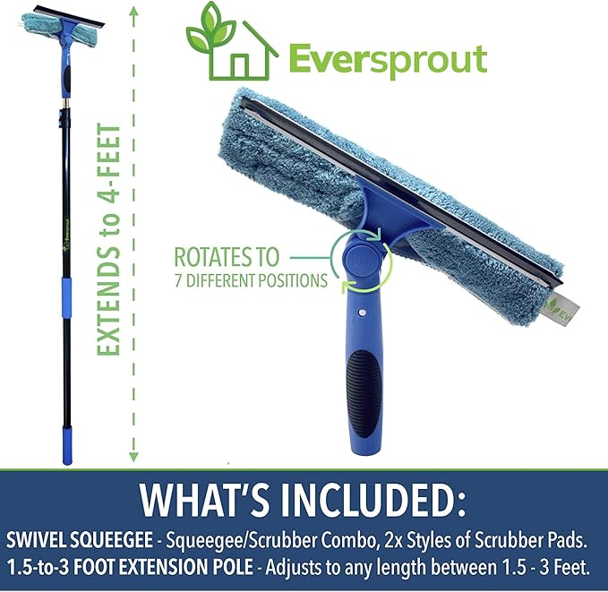 EVERSPROUT 1.5-to-3 Foot Swivel Squeegee and Microfiber Window Scrubber (8-10 Ft Standing Reach) | 2-in-1 Window & Glass Cleaning Combo | Lightweight, Aluminum Extension Pole | Includes 10-inch Blades
