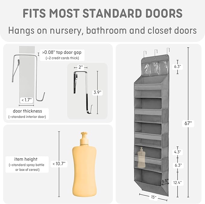 Heavy Duty Over The Door Organizer Hanging Storage – 6-Tier Behind The Door Storage with 5 Large, 6 Side & 3 PVC Pockets – 50 lbs Hanging Organizer for Closet, Nursery, Bathroom – 1 Pack, Gray