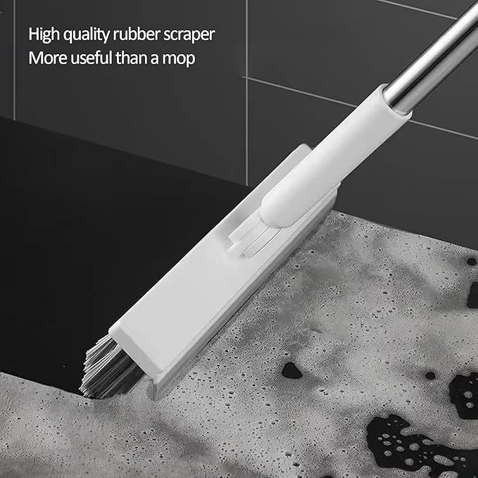 Floor Scrubbing Brush with 57" Adjustable Long Handle,3 in 1 Living Grout Brush with Squeegee,V-Shape Stiff Brush Bristle,Heavy Duty Bathroom Cleaning Brush for Tile,Deck,Patio,Wall,Garage,Kitchen