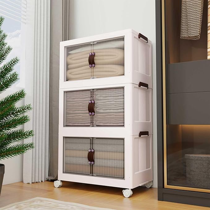 Luxdecor 400Qt Storage Bins With Lids-Stackable Plastic Storage Bins on Wheels, Closet Organizers and Storage,Collapsible Storage Cabinet with Doors for Office Garage Kitchen Under Stairs,Larger 5Tier