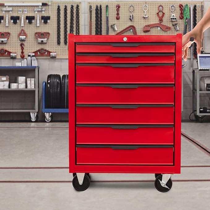 Tool Chest Cabinet, Large Capacity Metal Tool Box with Wheels and Cylinder Locking, Roll Around Storage Organizer Tool Cart for Garage, Redtool cabinets on Wheels (Red, 7-Drawer-Wheels)