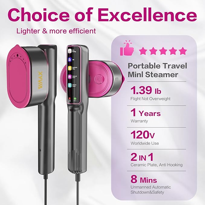 1200W Steamer for Clothes 15-Second Fast Heat-Up 5 Mode LCD Touch Display Portable Handheld Garment Steamer 110ml Tank Wet/Dry Ironing for Travel Home & Business