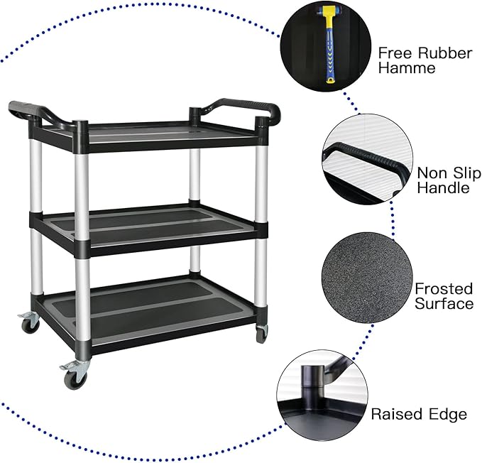 Plastic Utility Carts with Wheels, 3-Tier Restaurant Cart, Heavy Duty Rolling Cart Food Service Cart 420LBS, Bus Cart with Lockable Wheels and Rubber Hammer for Warehouse/Kitchen, Black