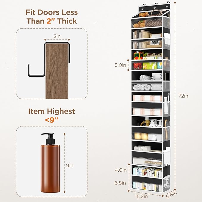 Over The Door Organizer, 8 Shelf Door Hanging Organizers with 8 Large Capacity Pockets, Back of Door Organizer Storage Hanging Shelves for Closet Bathroom Bedroom Nursery