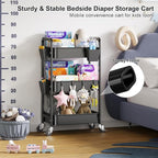 3 Tier Rolling Cart with Lockable Wheels, Metal Diaper Caddy Cart Organizer for Baby Essentials, Black Storage Utility Cart for Craft, Snack, Rolling Carts with Wheels for Lash Techs, Art, Bathroom