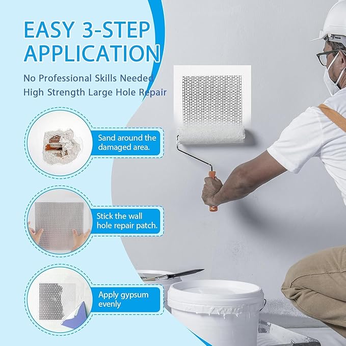 4-Pack 10x10 Inch Drywall Repair Patch Kit, Self-Adhesive Mesh with Aluminum Panels, Heavy-Duty Wall and Ceiling Hole Patch for Large Repairs