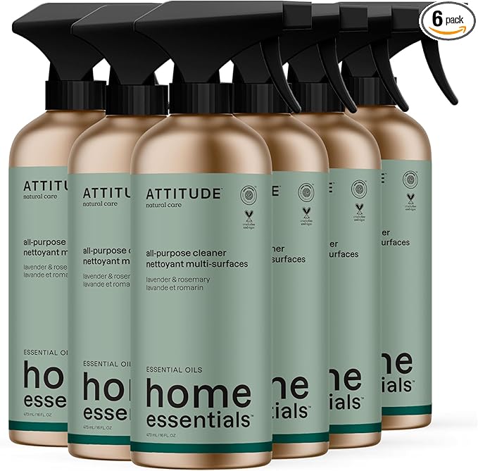 ATTITUDE Multi-Purpose Cleaner with Essential Oils, EWG Verified, Plant and Mineral-Based Ingredients, Vegan Household Products, Refillable Aluminum Bottle, Lavender and Rosemary, 16 Fl Oz (Pack of 6)