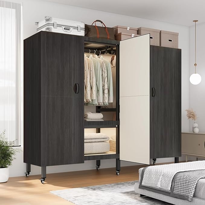 Heavy Duty Covered Clothes Rack with Magnetic Door Foldable Portable Wardrobe Closet for Hanging Clothing Rolling Black Metal Garment Rack on Wheels Closet System (Black, 49.12in)