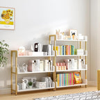 Wide Open Shelf Bookcase - Modern 3-Tier Floor Standing Display Bookshelf with Three-Side Panels for Home and Office, Storage Shelving in Warm White with Gold Frame