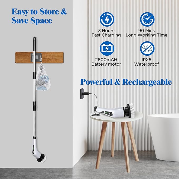 Electric Spin Scrubber, Cordless Bath Tub Power Scrubber with 8 Replaceable Drill Brush Heads, Shower Cleaning Brush with Adjustable Handle for Bathroom, Tile Floor & Car, White, (ANS-8050)