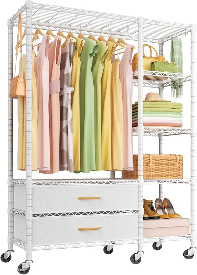 Ulif F3R Heavy Duty Clothes Rack（With Lockable Wheels）Freestanding Clothing Racks for Hanging Clothes，Adjustable Closet Organizer System，Portable Garment Rack 40"W x 15"D x 74"H，Max Load 700LBS，White