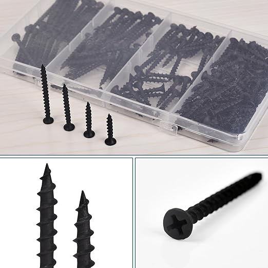 Drywall Screws Assortment Kit - 170 Pcs Black Wood Screws Phillips Tips, Coarse Thread Sheetrock Screws Set, Self Tapping Screws 4 Sizes 1",1-1/4",1-5/8",2in