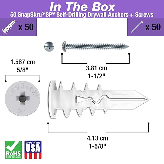 TOGGLER SnapSkru SP Self-Drilling Drywall Anchor for Hollow Wall Application, Glass-Filled Nylon, Made in US, for #6 to #10 Fastener Sizes (50 Pack w/Screws)