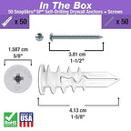 TOGGLER SnapSkru SP Self-Drilling Drywall Anchor for Hollow Wall Application, Glass-Filled Nylon, Made in US, for #6 to #10 Fastener Sizes (50 Pack w/Screws)