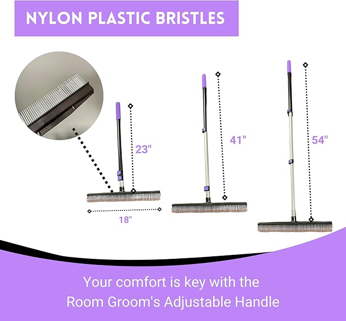 Room Groom PET Carpet Rake Groomer with Telescoping 54 " Adjustable Handle, with Lint Remover Brush Tool, Carpet Brush for Pet Hair and Refreshing Carpets, (Black/Purple)