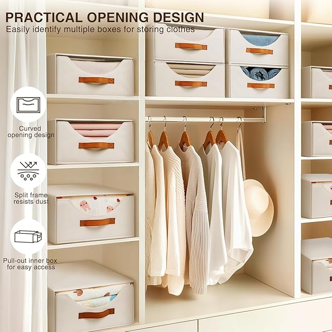 Closet Organizers and Storage - Large Stackable Storage Bins with Drawer, Fabric Bins for Organization, Collapsible Drawer Organizer Clothes for Bedroom, Living Room, 4 Pack, Beige
