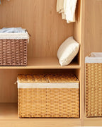 Storage Basket with Lid Rattan Storage Basket with 2 Separate Lid, 27.8 Gallon (105 L) 25.2 * 15.4 * 16.1 Inches Woven Wicker Baskets with 2 Liners and Handles for Bedroom Laundry-Natural