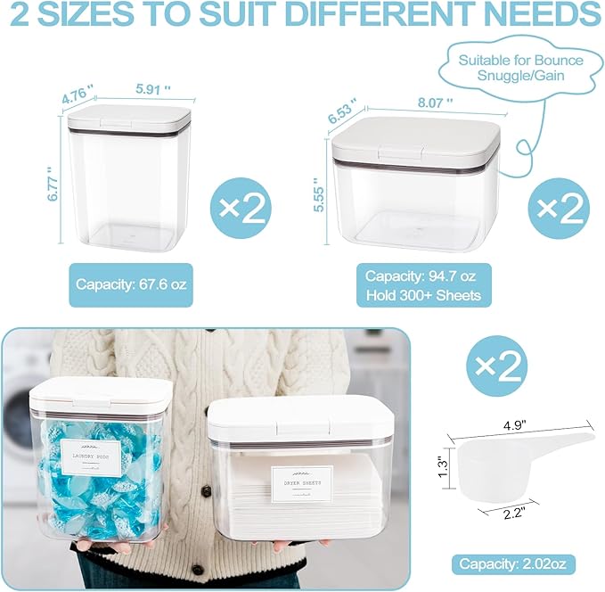 4 Pack Airtight Laundry Detergent Containers & Dryer Sheet Holder with Lids & Scoops, Stackable Laundry Room Organization and Storage for Scent Booster, Powder, Pods