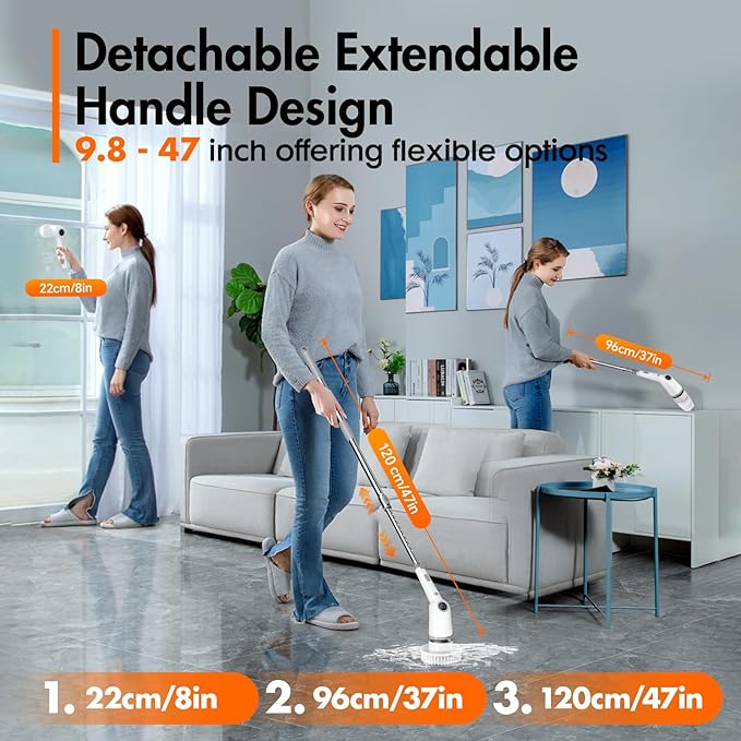 Electric Spin Scrubber,Cordless Cleaning Brush,Bathroom Shower Scrubber with Long Handle Adjustable,3 Speeds,IPX7 Waterproof,Digital Display,8 Replaceable Brush Heads for Tile Bathtub Car Kitchen Wall