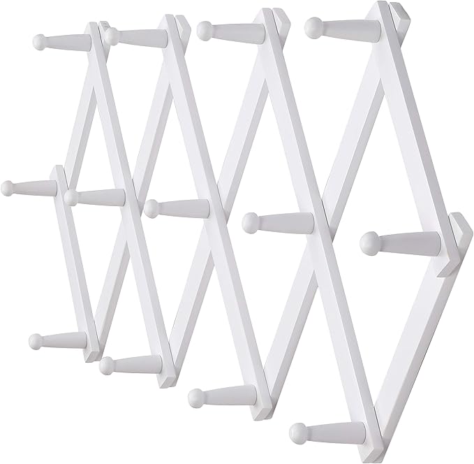 Dseap Accordian Wall Hanger: 16” High Wooden Wall Expandable Coat Rack, Hat Rack Holder, Accordion Hook for Baseball Caps, Coats, Mugs, 13 Peg Hooks, White