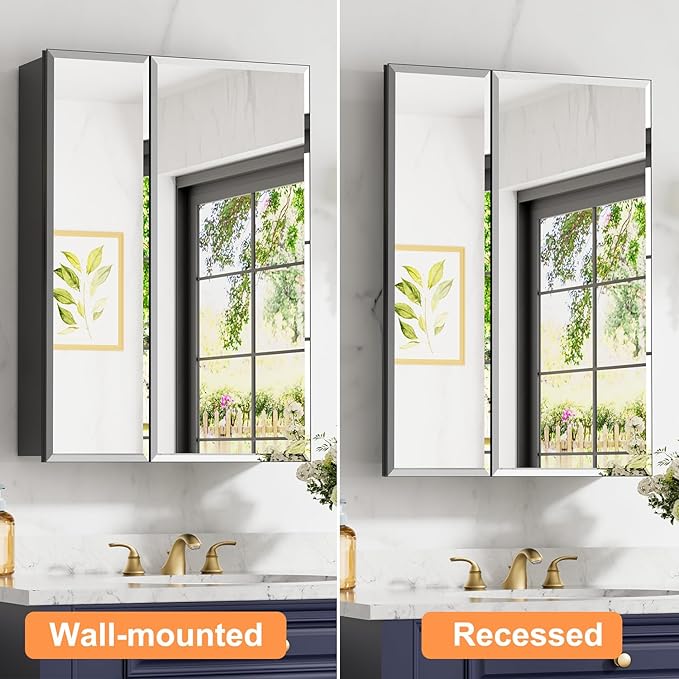 26x30 Inch Medicine Cabinet with Mirror, Aluminum Bathroom Mirror Cabinet, Beveled Edge Mirrored Double Door, Adjustable Shelves, Surface or Recessed Mount Mirrors with Storage,Black