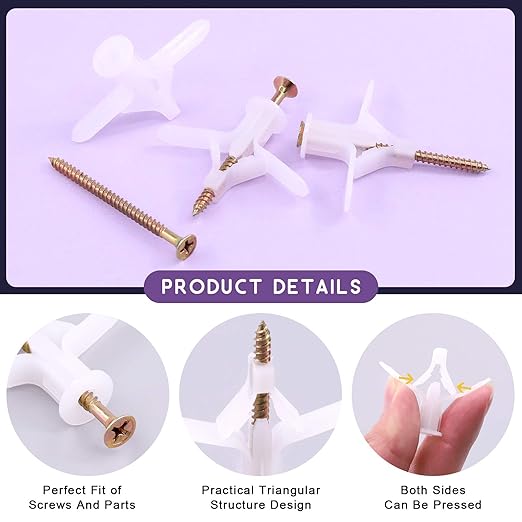 Swpeet 60Pcs White Drywall Anchor with Screw Kit - Nylon Plastic Drywall and Hollow-Wall Anchor Kit, Wall Anchor Hooks, and Hollow-Door Toggle Anchor for for Hanging Heavy Items on Drywall